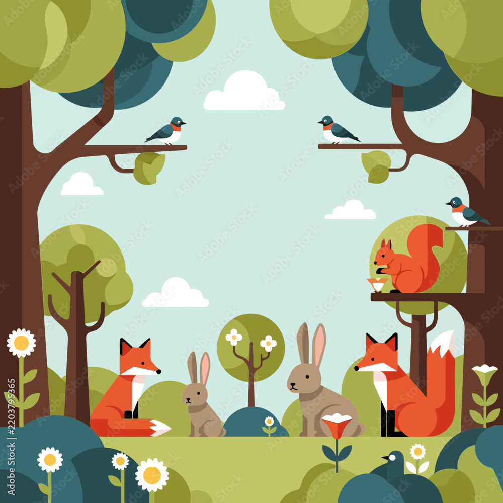Obraz premium Flat Vector Illustration of Cute Woodland Animals in a Peaceful Green Forest Landscape