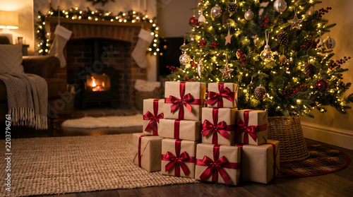 Stacked gift boxes with red ribbons under decorated christmas tree in cozy living room