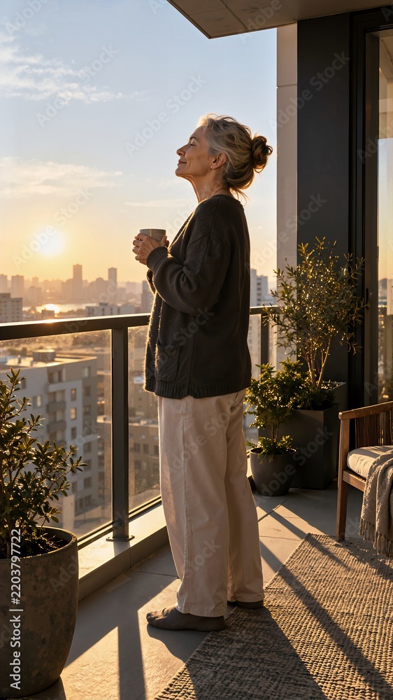 Naklejka premium Vertical photo of mature woman holding mug on balcony during sunrise. Morning light exposure for circadian rhythm reset and wellbeing