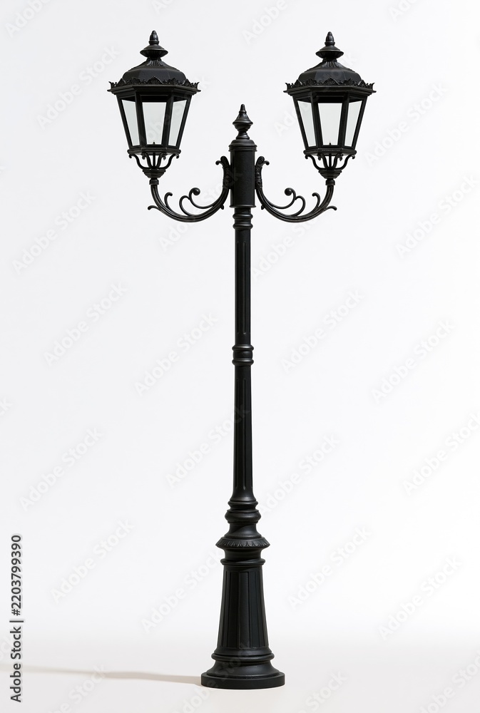 Fototapeta premium Ornate black double street lamp isolated on white