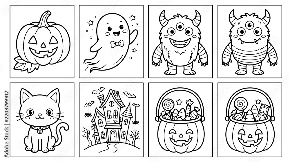 Fototapeta premium Halloween Coloring Pages Collection with Pumpkins Ghosts Monsters and Cats