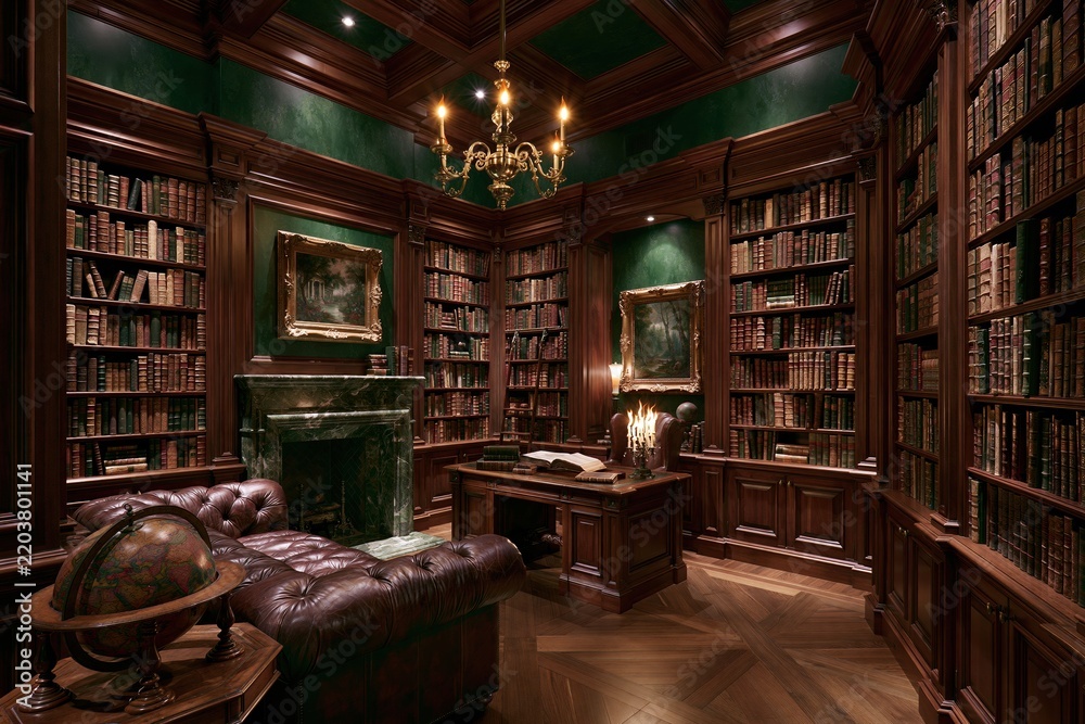 Fototapeta premium Luxurious dark wood library with green walls and