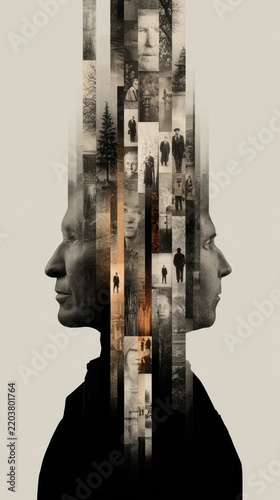 Man with a large head of pictures in the middle of his face genealogy tree concept