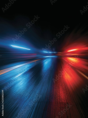 Blurred blue and red light streaks on dark