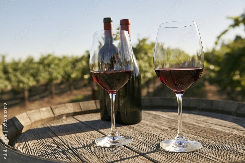 Obraz premium Two glasses of red wine and bottles on