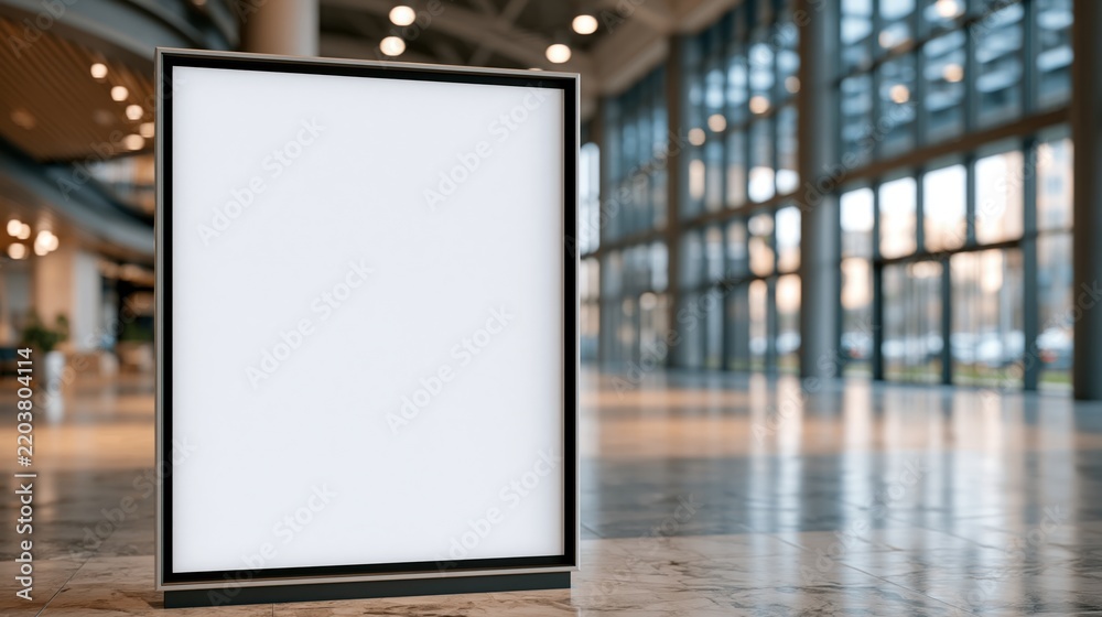 Fototapeta premium Empty white display board standing in modern building