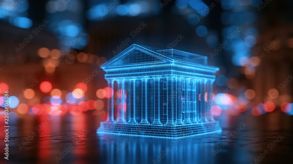 Obraz premium Blue holographic classical building against city lights