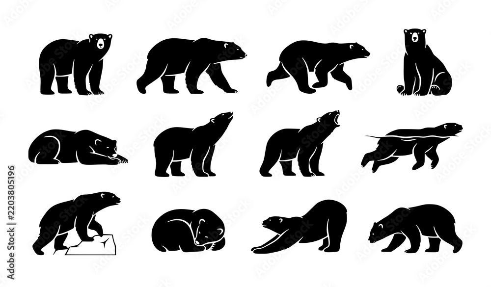 Fototapeta premium Polar Bear Black Silhouette Vector Collection