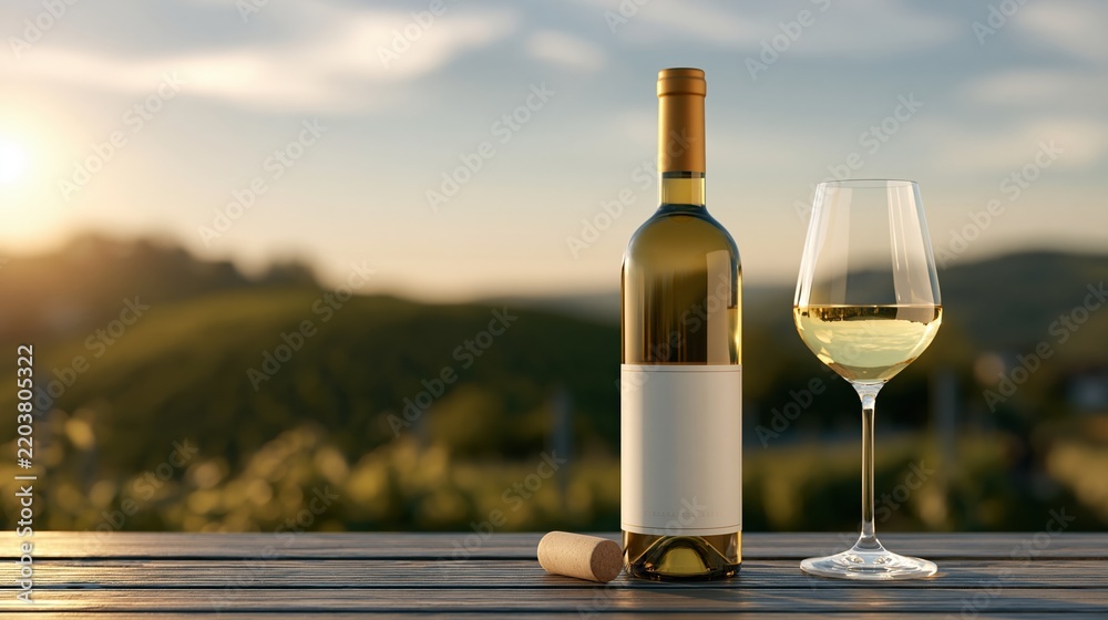 Obraz premium White wine bottle and glass on wooden table