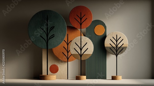 Wooden trees that are standing on a shelf genealogy tree concept