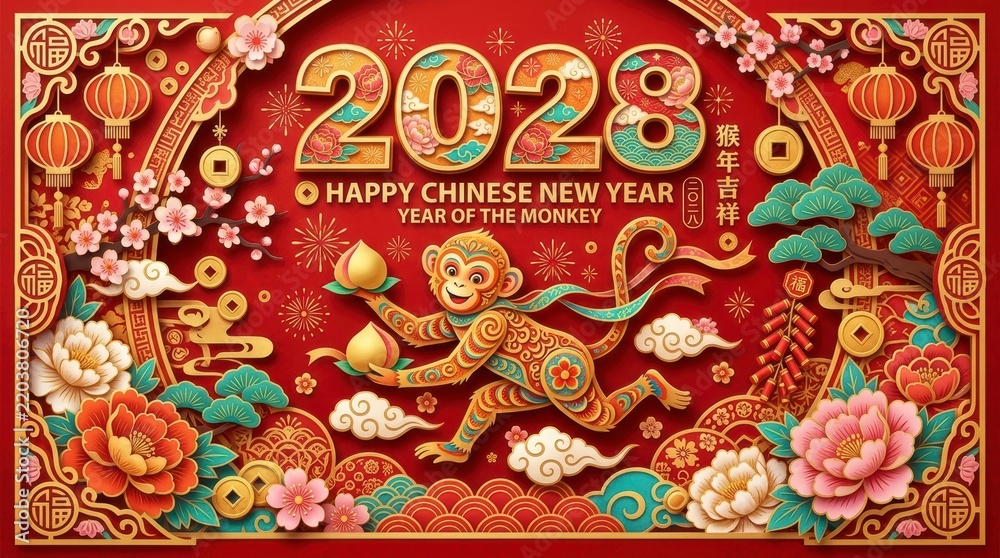 Obraz premium Artistic monkey welcomes happy chinese new year 2028 with peaches