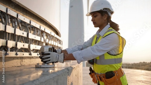 Female technician inspects industrial equipment with handheld tablet beside structural cables and monitoring device at outdoor construction site in bright daylight