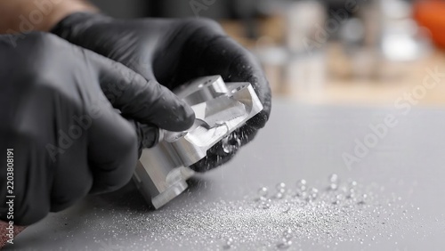 Gloved hands sand and inspect small aluminum metal component, removing surface particles during precision workshop finishing process on workbench