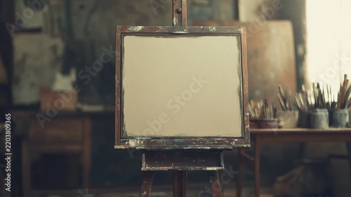 Blank Canvas on Wooden Easel in Artistic Workshop Studio