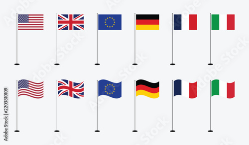 Set of Major Country Flags on Flagpole Stands Featuring USA UK EU Germany France and Italy in Flat and Waving Vector Formats