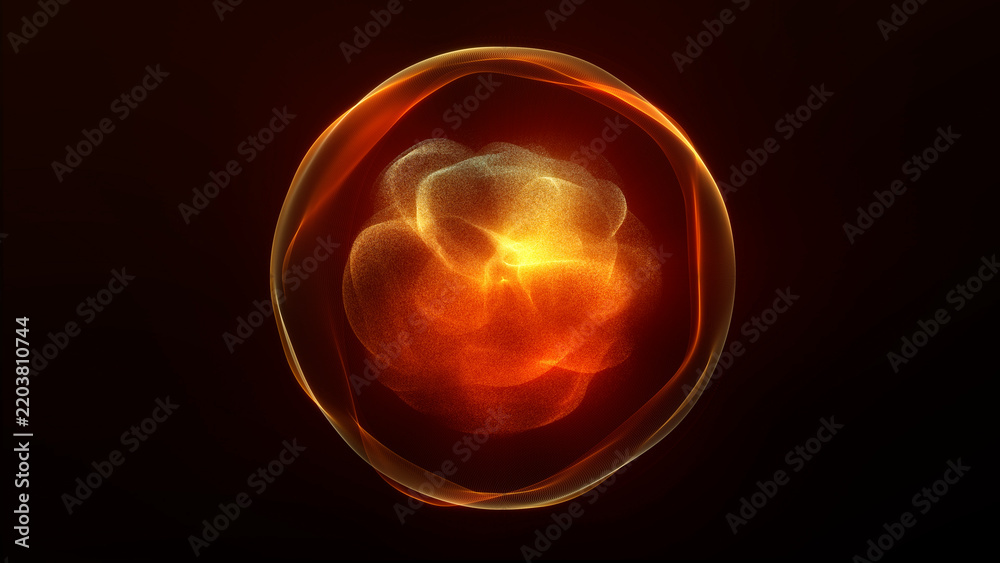Fototapeta premium Glowing orange sphere with a translucent shell and swirling golden particles around a bright core on a dark background.