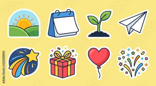Colorful vector sticker set featuring cute elements like calendar plant sprout and paper plane illustration