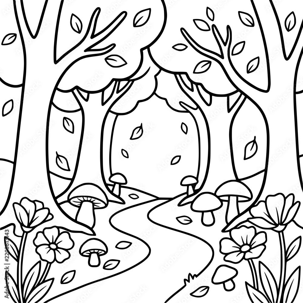 Fototapeta premium Autumn forest path with mushrooms and flowers line art transparent background