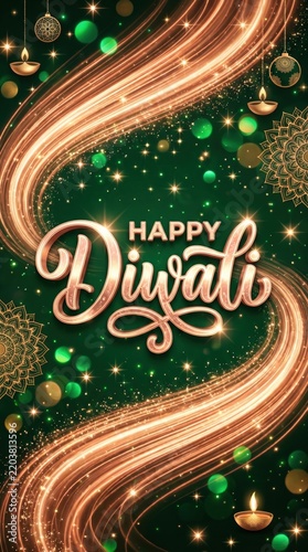 Happy Diwali greeting card background with golden glowing lights, diya lamps, and festive mandala ornaments on dark green background for celebration design