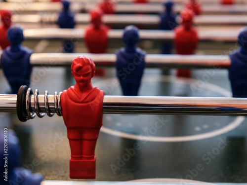 Vibrant foosball table details and player figures