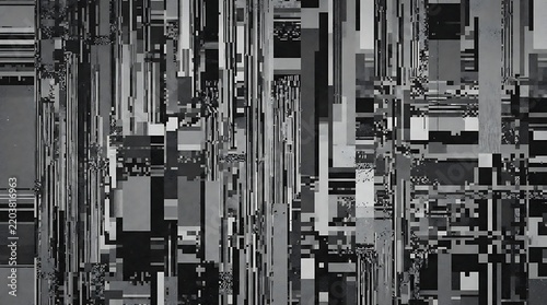 Abstract grayscale background with vertical lines and geometric shapes creating a modern pattern