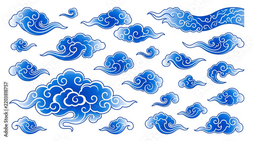 Traditional Chinese Blue Auspicious Cloud and Wave Ornament Collection with Elegant Swirls and Flowing Decorative Motifs