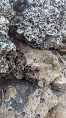 Rough porous grayish brown coral rocks stacked with holey texture closeup