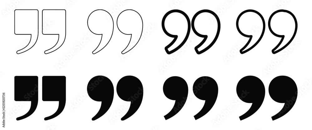 Fototapeta premium Quotation mark vector icon collection, double quote, inverted comma, speech marks, solid and outline typography symbols, writing, publishing, communication design