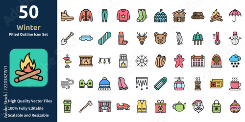 Winter icon set in Filled Outline style Minimilist and trendy Icon set Containing Icons,Boots,Jacket,Trouser,Sweater,Socks,Igloo,and so on�