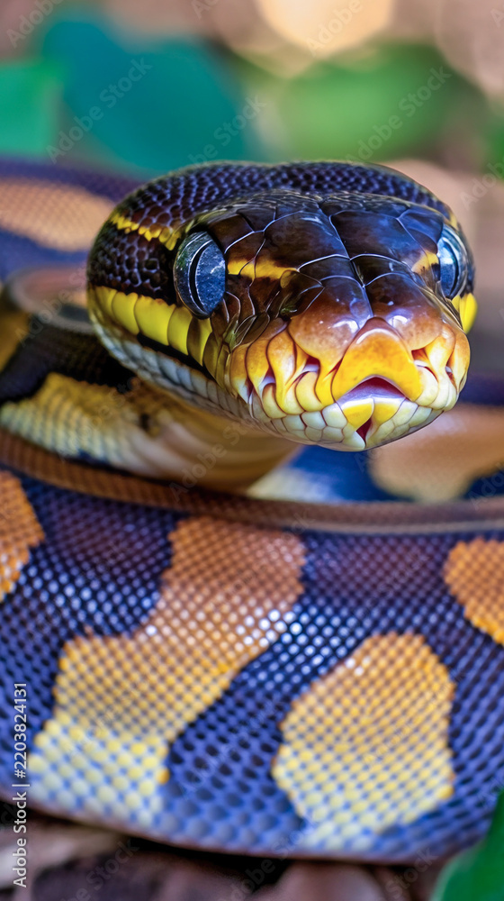 Fototapeta premium A close-up view of a snake lying on the ground, its scales and texture visible vertical frame