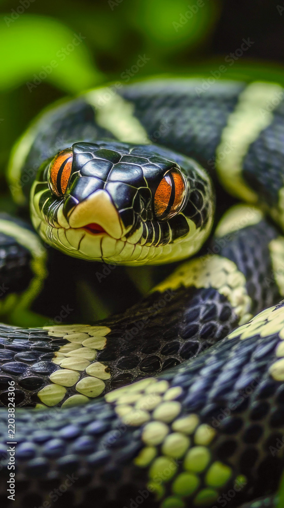 Obraz premium A close-up shot of a snake coiled around a plant, great for wildlife or nature-themed uses vertical frame