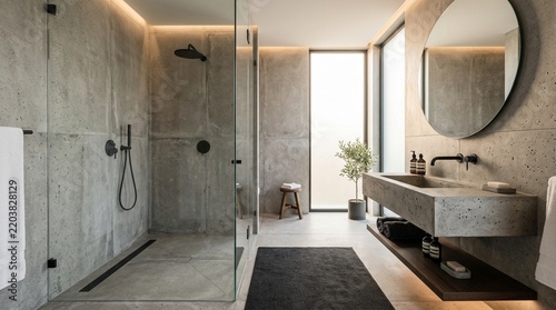 Modern Concrete Bathroom with Walk-in Shower and Minimalist Design