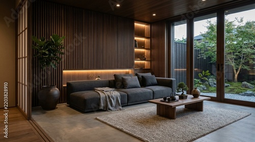Modern living room with Japanese garden view, minimalist interior, warm lighting, wood paneling