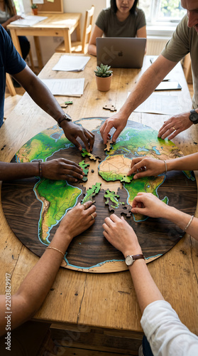 Diverse hands assembling round wooden world map puzzle on rustic table. Team meeting with laptop in background. Global teamwork, unity and collaboration concept.