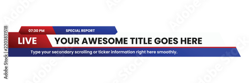 Broadcast news lower third vector design banner with live streaming special report headline bar overlay layout isolated on grey background