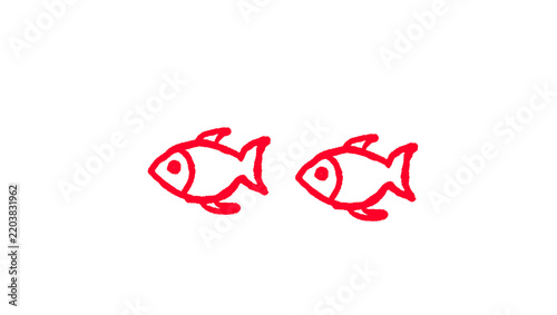 Photography Two small swimming fish hand drawn doodle icon, red outline line art illustratio