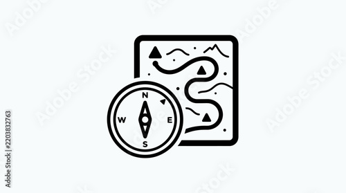 Minimalist Vector Illustration of a Compass and Trail Map for Outdoor Adventure and Hiking Navigation
