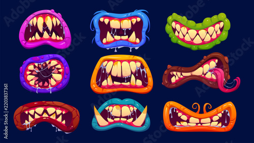 Obraz na plátně Cartoon Halloween monster mouth with sharp fangs, terrifying teeth, slime drips and uneven gums