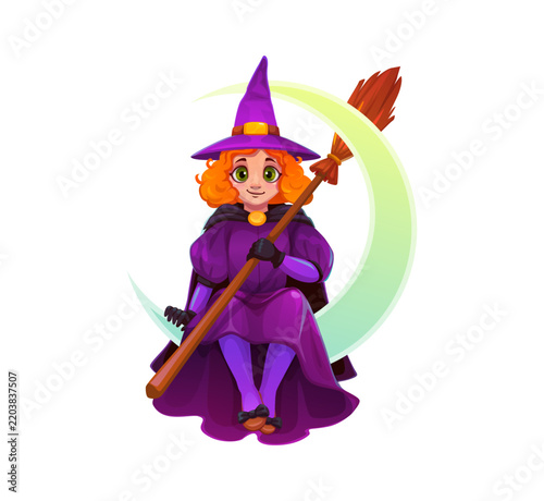 Foto Cartoon young witch Halloween arcade game and scary holiday party character with curly red hair and purple costume sitting on glowing crescent moon, holding flying broom
