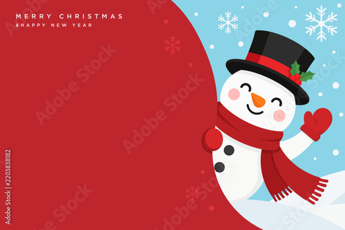 Cute Christmas Snowman Wearing Black Top Hat and Red Scarf Peeking from Red Background with Snowflakes