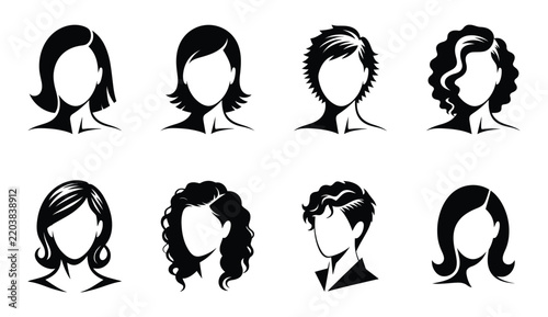 Female hair style silhouette icons black white woman avatar collection