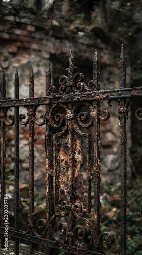 Rustic iron fence in front of old stone building.