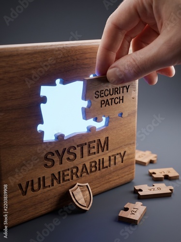 Hand placing security patch puzzle piece into system vulnerability block, illustrating software updates and cyber security management concept