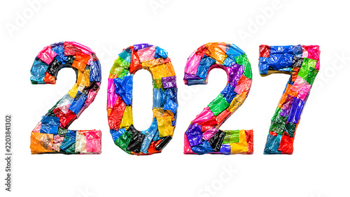 Colorful abstract paint splatter number 2027 isolated on a black background for new year celebration design