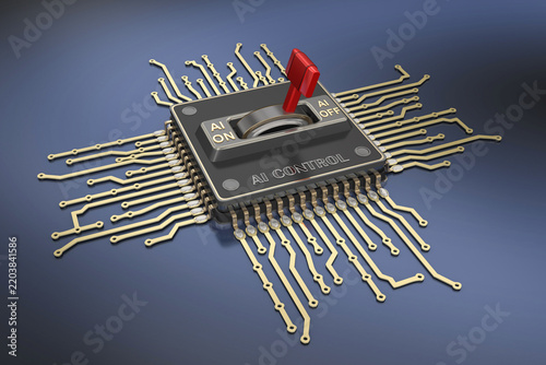 KI-Steuerung auf modernem Mikrochip – Symbol für künstliche Intelligenz und digitale Technologie. KI Kontrolle bei Gefahr.