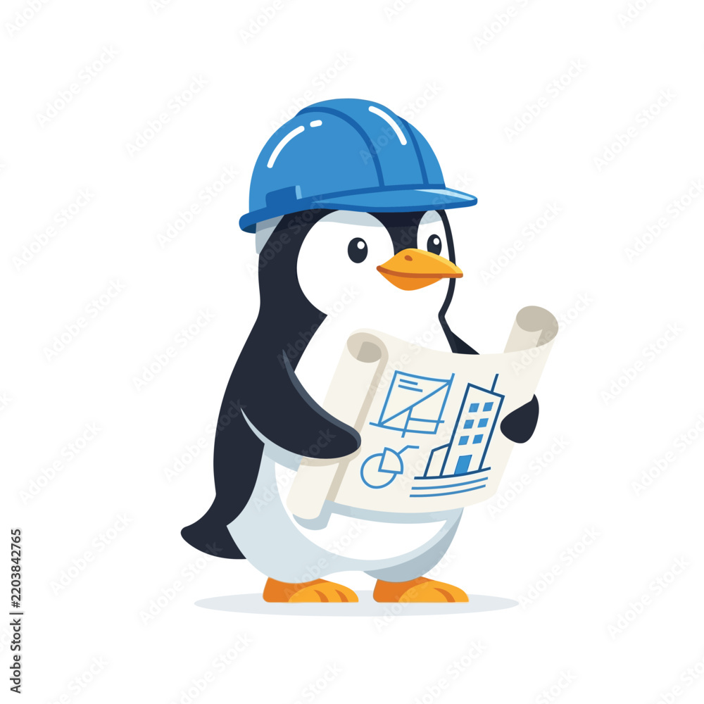 Obraz premium Cute Cartoon Penguin Architect Mascot Wearing a Blue Hard Hat and Holding Construction Blueprints, Professional Engineer Character Illustration