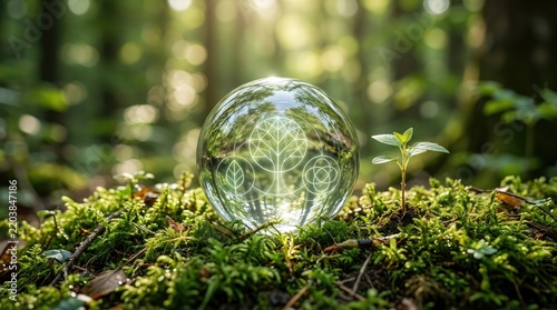 Crystal sphere with glowing sacred geometry symbols resting on mossy forest floor with small sprout, nature and spirituality