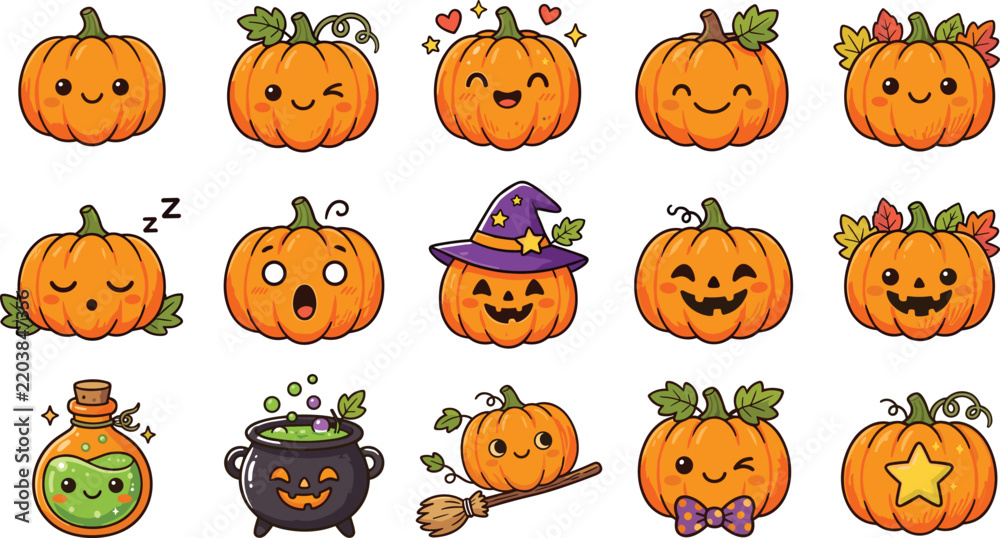 Obraz premium Cute kawaii pumpkins and halloween elements vector illustration set for autumn designs