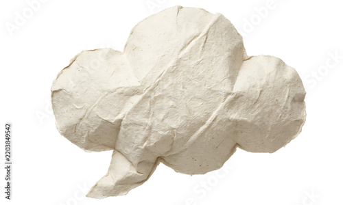 A detailed close up view of a creased empty speech bubble constructed from white paper on a clear backdrop