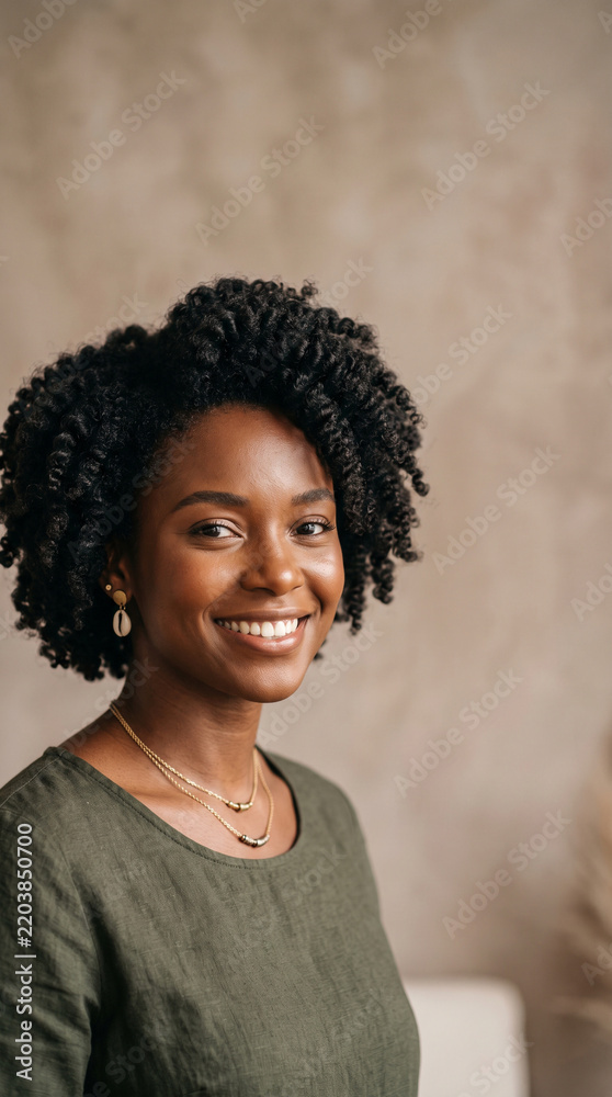 Fototapeta premium Black Brazilian woman with beautifully styled natural hair and subtle contemporary Afro-inspired accessories, close-up portrait-inspired composition, Black Consciousness Day